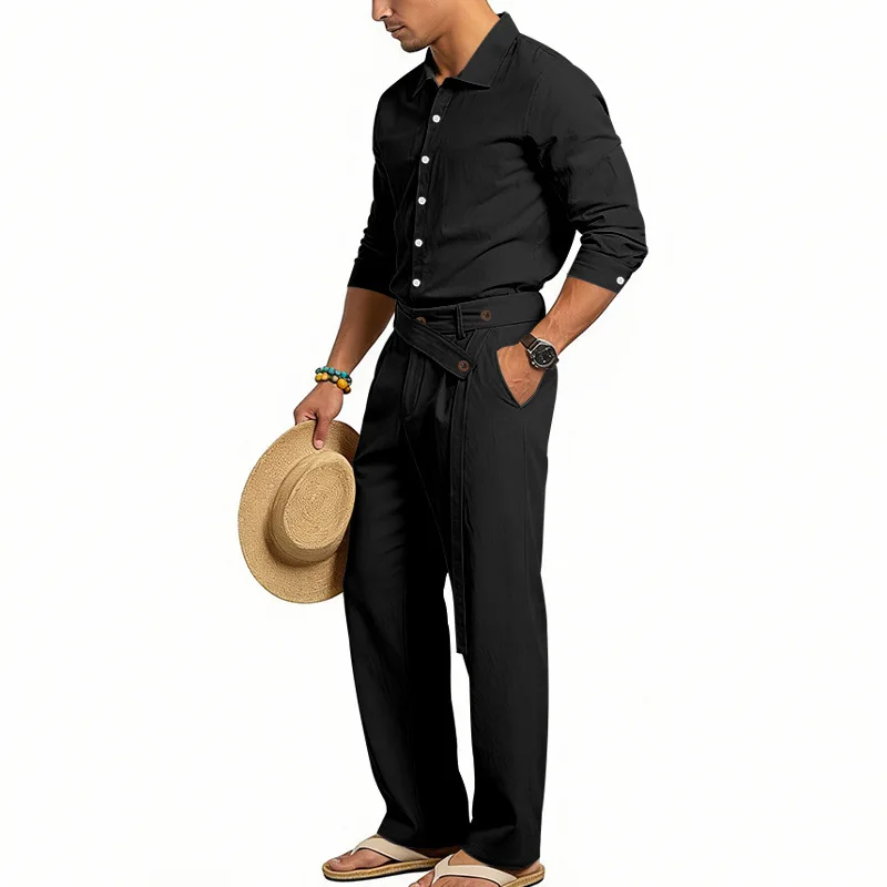 Europäisch-Amerikanisches Herren-Leinen-Freizeitset: Hemd mit Umlegekragen und Hose mit hohem Bund und Gürtel – Locker, atmungsaktiv, für Urlaub und Strand – Detail 20