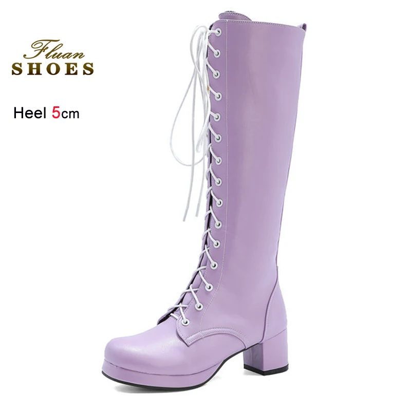 

2026 New Autumn Winter Purple Women's Knee High Boots Thick Med Heels 5cm Round Toe Lace Up Ladies Pumps Long Boots Casual Shoes