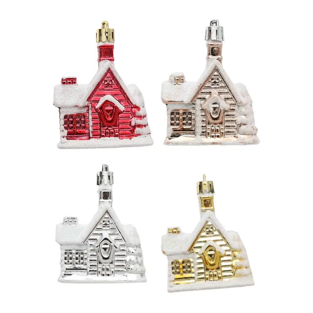 4pcs Cartoon Christmas Painted Snow House Pendant Plastic Elegant Electroplated Hanging Balls DIY Xmas Tree Pendants