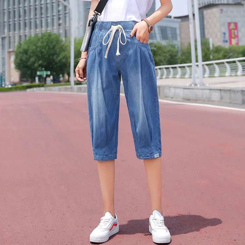 

Women Capris Jeans Woman 2024 Summer Korean Fashion Denim Pants For Women High Waist Short Harem Pants Breeches Female