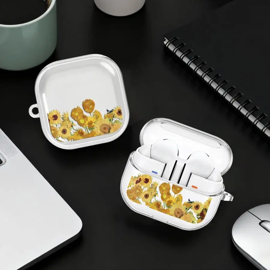 Case For Samsung Galaxy Buds 2 2Pro 4Pro 3Pro 4 Pro Live 3 FE Clear Earphone Cases Cover With Hook Van Gogh Sunflower
