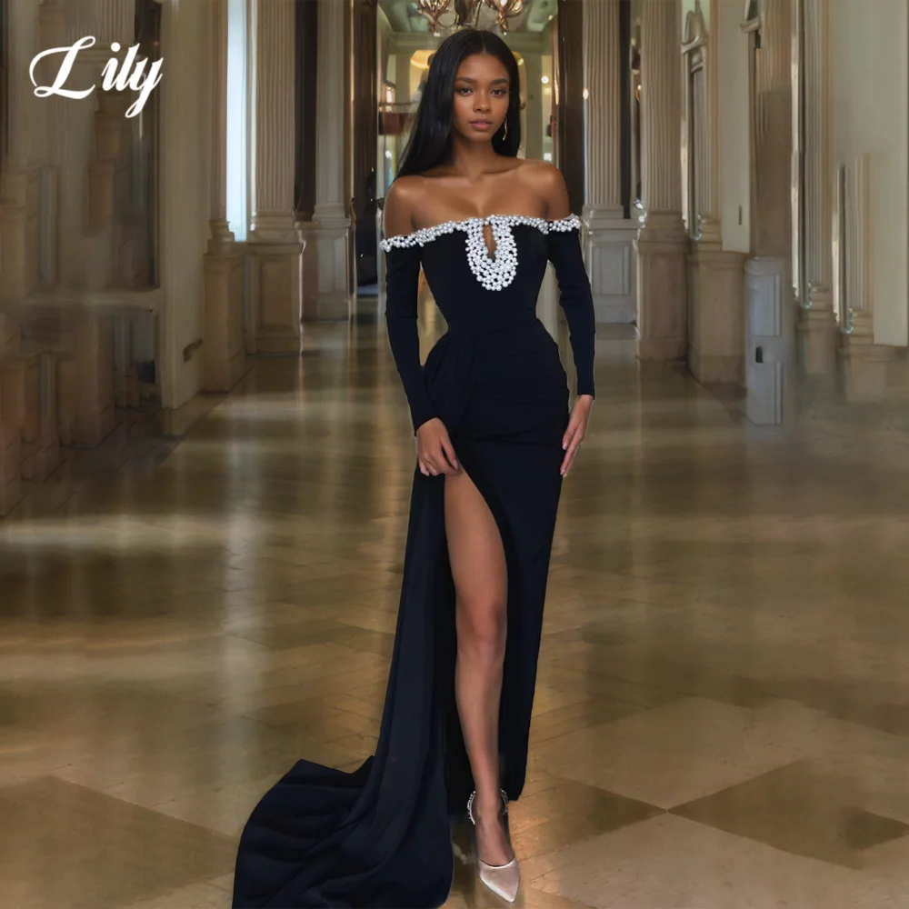 

Lily Black Elegant Evening Gown U-Neckline Backless Prom Dress with Pearls Satin Side High Split Trailing Formal Gown Customized