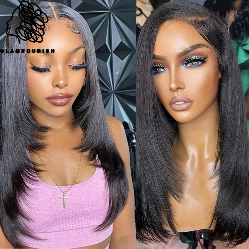 Layered Cut Straight Lace Front Wigs Side Part Brazilian Layered Human Hair Wigs for Women Pre Plucked Baby Hair Natural Black