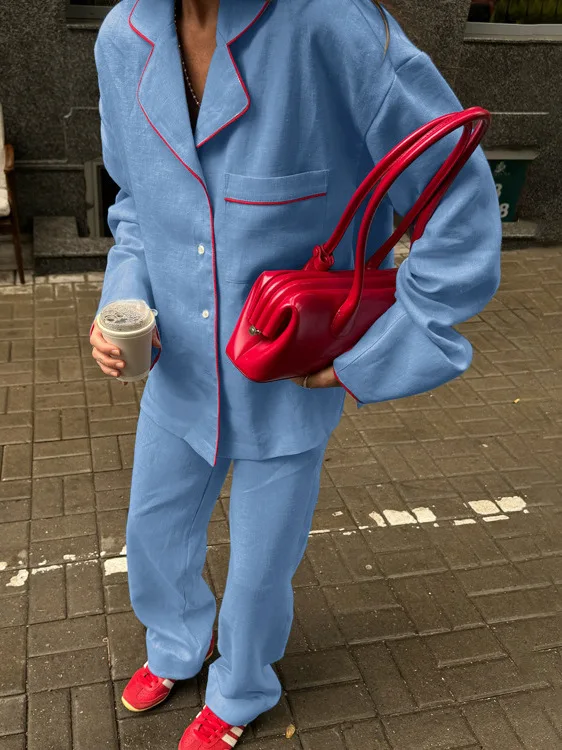 

Модный повседневный топ с длинным воротником-свеком и широкими брюками, женский осенний новый костюм из двух предметов, универсальный костюм Four Seasons...