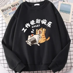 Work Makes Me Happy Fun Cat Cute Print Cartoons Hoodie Men Women Fleece Pullover Sweatshirt Fashion Loose Hoodies O-Neck Hoody