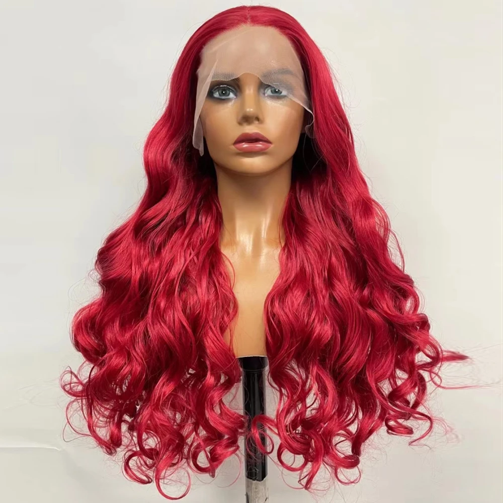 

Synthetic Lace Front Breakdown Free Wigs For Women Long Wavy Dark Red Brazilian Hair Daily/Cosplay Anime High Temperature Fiber