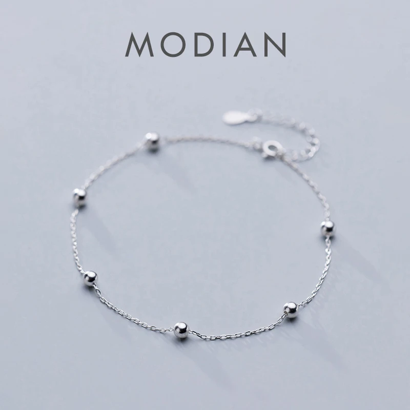 

Женский ножной браслет Modian с простыми бусинами, Классический круглый браслет для голени из стерлингового серебра 925 пробы, дизайнерская биж...
