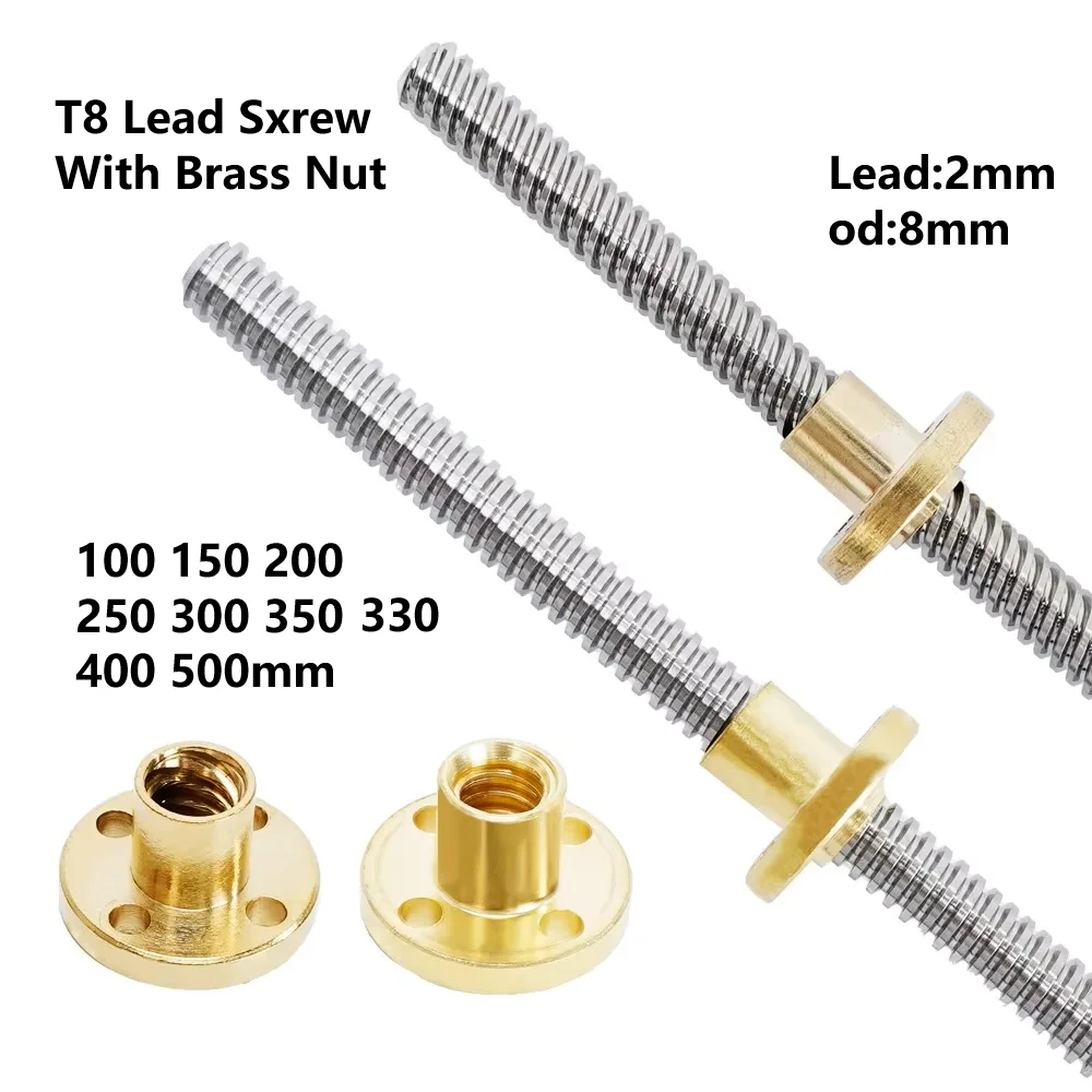 T8 Lead Screw With nut OD 8mm Lead 2mm Pitch 2mm 100mm 200mm 300mm 400mm 500mm Lead Screw With Brass Nut Reprap 3D Printer Parts