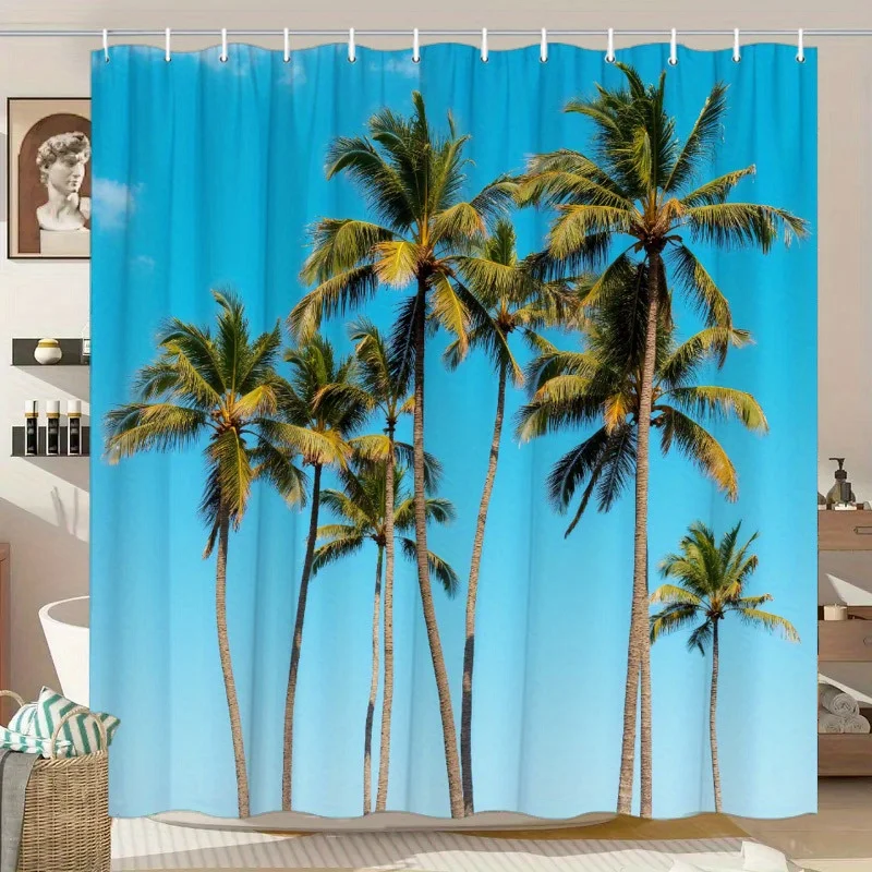 

Занавеска для душа с тропическими пальмами: реалистичные кокосовые пальмы на голубом небе, пляжная атмосфера для летней ванной комнаты или декора дома на отдыхе