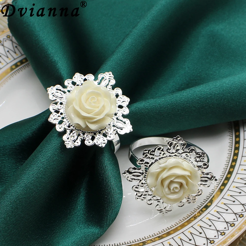 50Pcs Christmas Decoration Rose Flower Napkin Rings Silver Napkin Ring Holder for Wedding Banquet Dinner Decoration HWF37