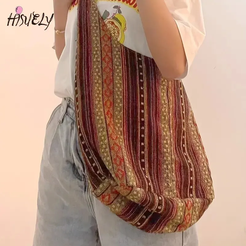 

Fashion Bohemian Canvas Shoulder Crossbody Bag Womens Large Capacity female Versatile Ethnic Style Shopper lightweight Tote Bag