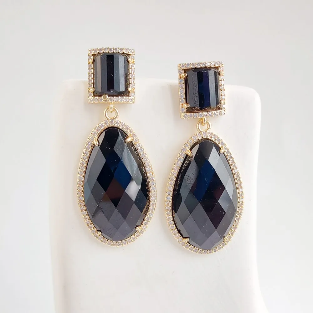 FUWO 1 Pairs Natural Obsidian Teardrop Earrings,Zircon Border Earring Luxury Elegant For Women Jewelry Gife ER007-5