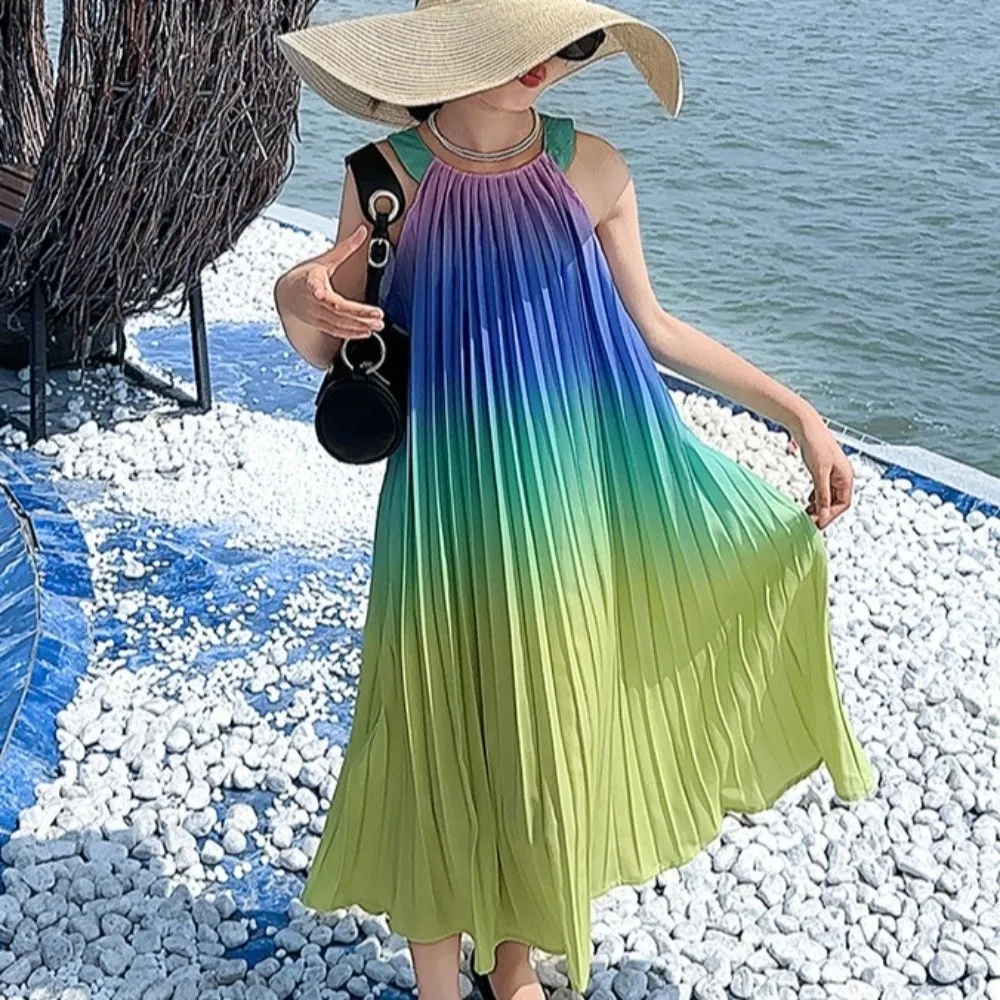

Sleeveless Children Beach Vacation Skirt Holiday Princess Suspenders Pleated Dress Gradient Color Ruffled