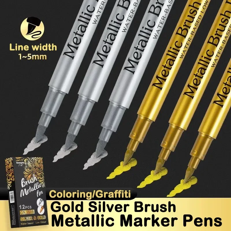 3/6 PCS Gold Silver Brush Metallic Paint Marker Pens Permanent Highlighter for Artist Illustration DIY Art Supplies Stationery