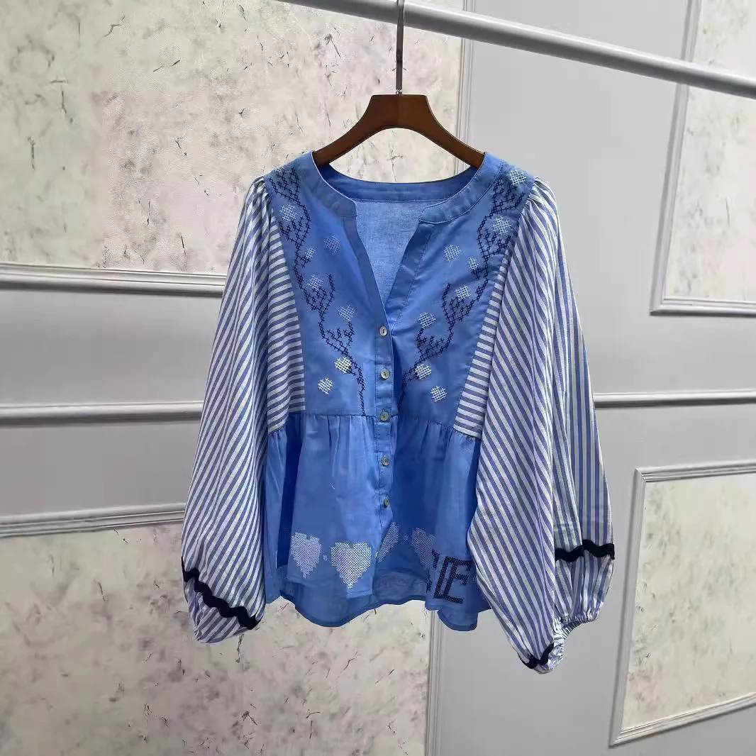 Camisa solta feminina bordada listrada azul, manga lanterna, gola redonda, nova, início do outono, 2022