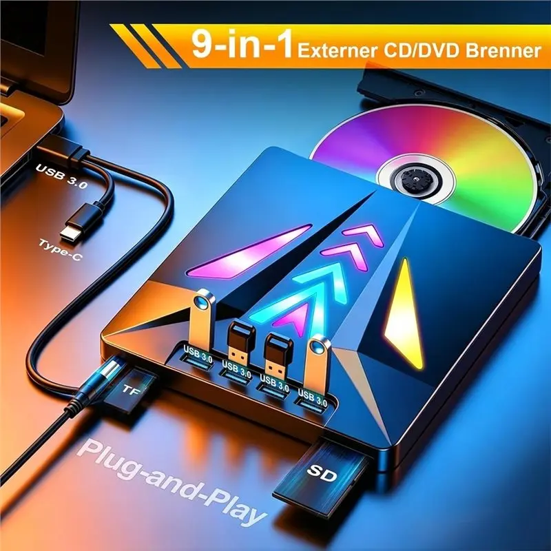 A97I-External USB 3.0 CD/DVD Drive With 4 USB Ports And SD/TF Card Reader,+/-RW ROM Burner With LED Light For Laptop, PC