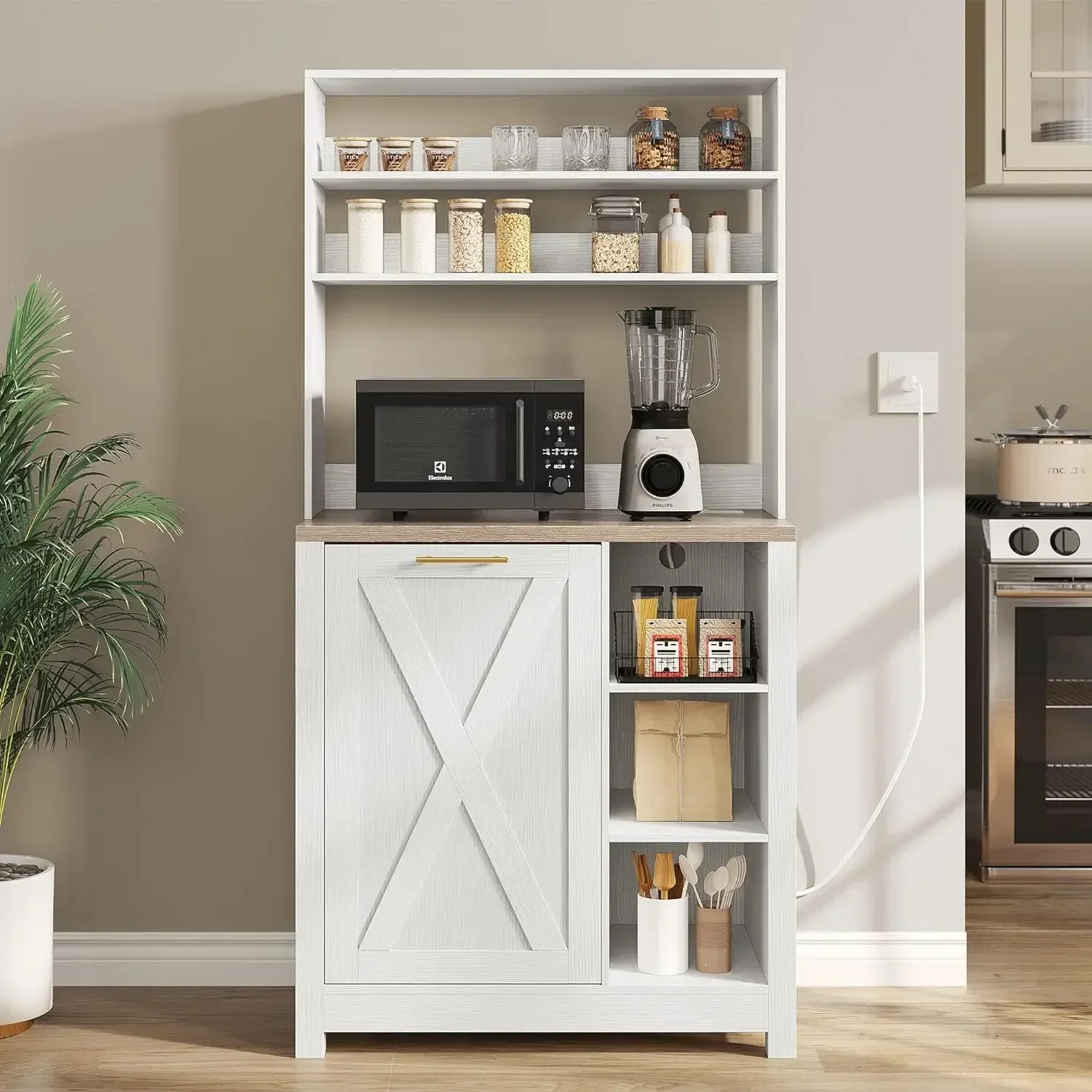 

A Bakers Rack 6-Tiers Kitchen Cabinet Farmhouse Stand Trash Can Power Outlet Coffee Organizer Tall Rack Smart Design Dining Room