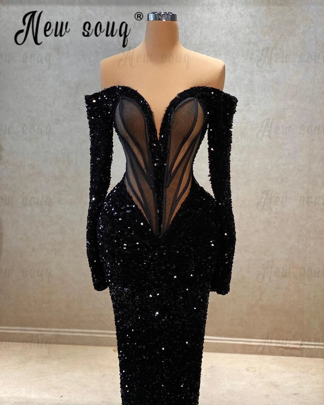 5 Designs Arabic Elegant Black Beaded Sequin Evening Dresses Long Sleeve Formal Prom Party Dresses for Women Wedding 2024 Custom