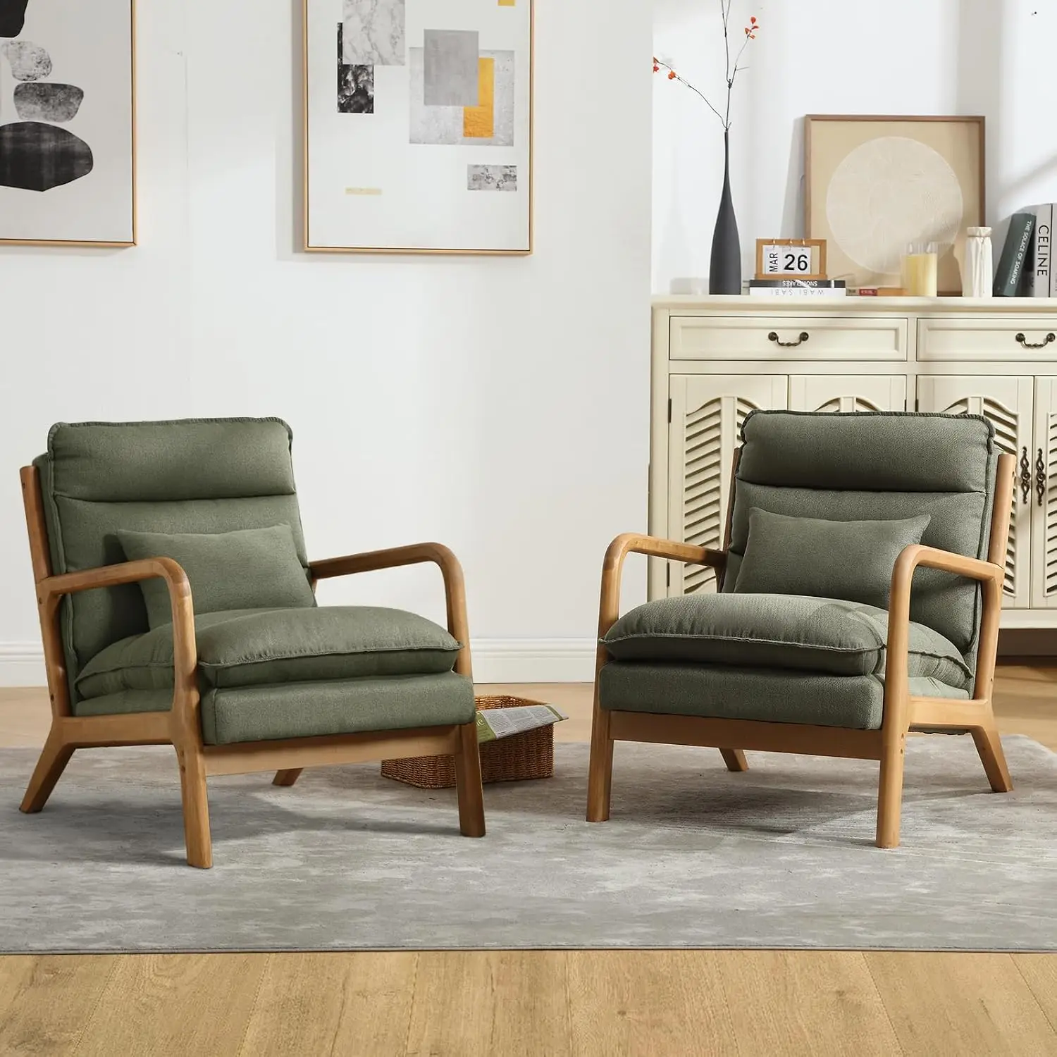 Accent Chairs Set of 2, Mid Century Modern Accent Chair with Wood Frame, Upholstered Reading Armchair with Waist Cushion, Side