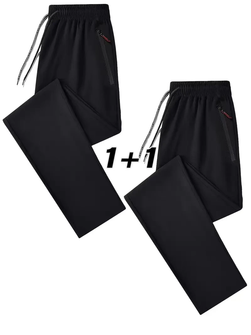 2 pieces of men's slim fit zippered pocket pants, made of comfortable elastic fabric, pure black, perfect for casual wear, winte