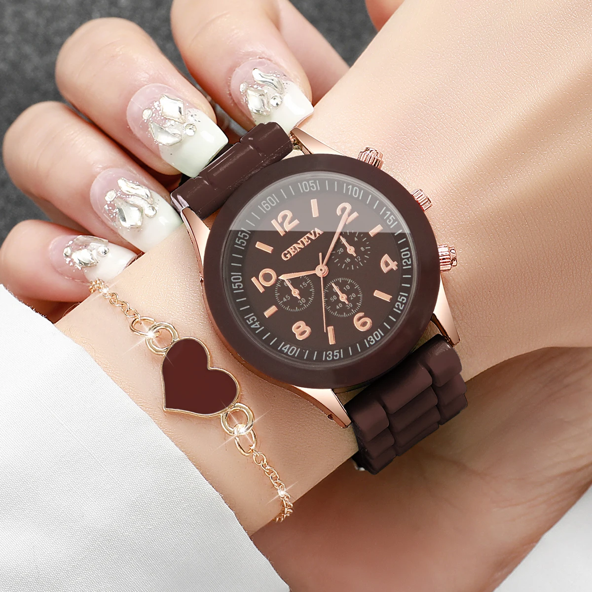 2PCS Fashion Brown Silicone Band Women Quartz Watch Heart Bracelet Set Arabic Dial Ladies Wristwatches Reloj Mujer（Without Box）