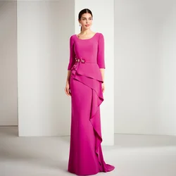 Elegant Mother of the Bride Dresses O Neck 3/4 Sleeves Wedding Party Gowns Appliques Ruched Mermaid Floor-Length فستان سهرة