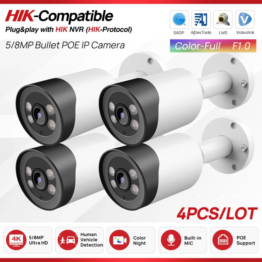 

4PCS Hikvision Compatible 5MP 8MP Colorvu Bullet IP Camera Built-in Mic Human Vehicle Detection CCTV Surveillance Network Camera