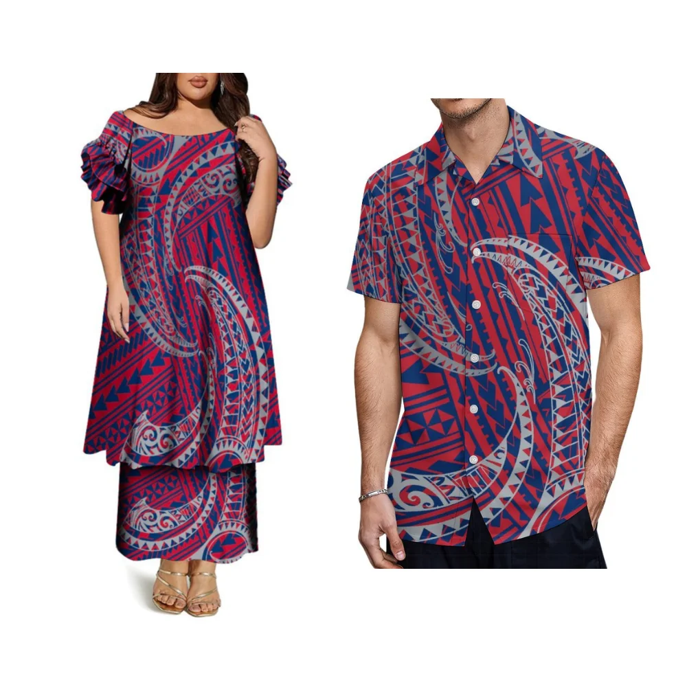 Summer Polynesian Custom Round-Neck Butterfly-Sleeve Double-Layer Skirt Set Puletasi Couple Women'S Dress Men'S Casual Shirt