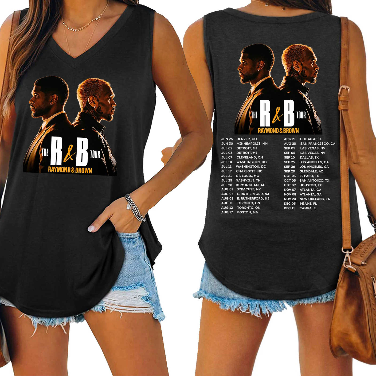 The R&B Tour 2026 Usher Chris Brown Tank Top Women Casual Sleeveless V Neck Graphic Shirt
