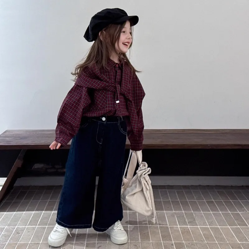 الفتاة المألوف طويلة الأكمام تي شيرت شال منقوشة بلوزة خارجية غير رسمية 2025 الربيع والخريف نمط جديد 3-8Y