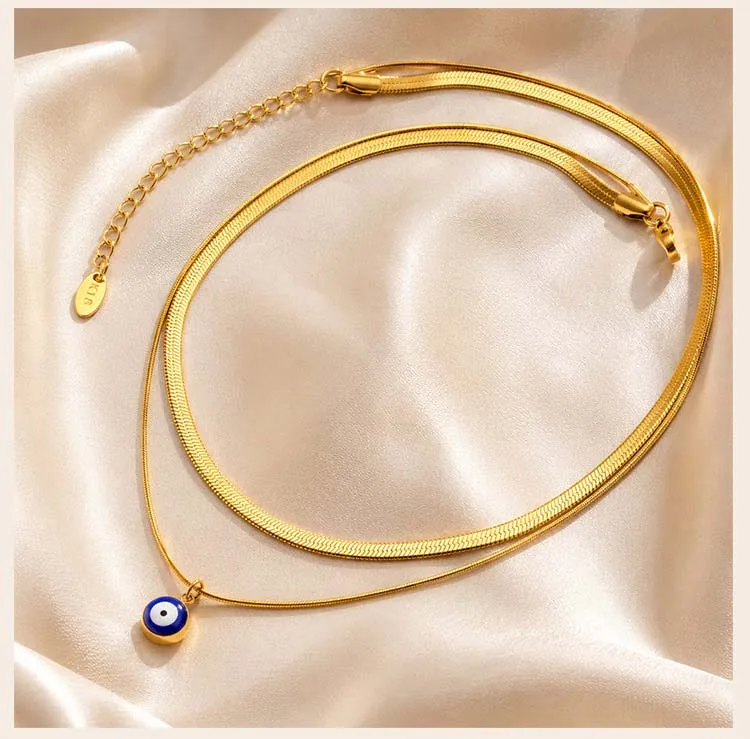 Evil Eye Mehrlagige Halskette, 18K IP Vergoldeter Edelstahl, Emaille-Anhänger, Hypoallergene Fischgrätenkette – Detail 4