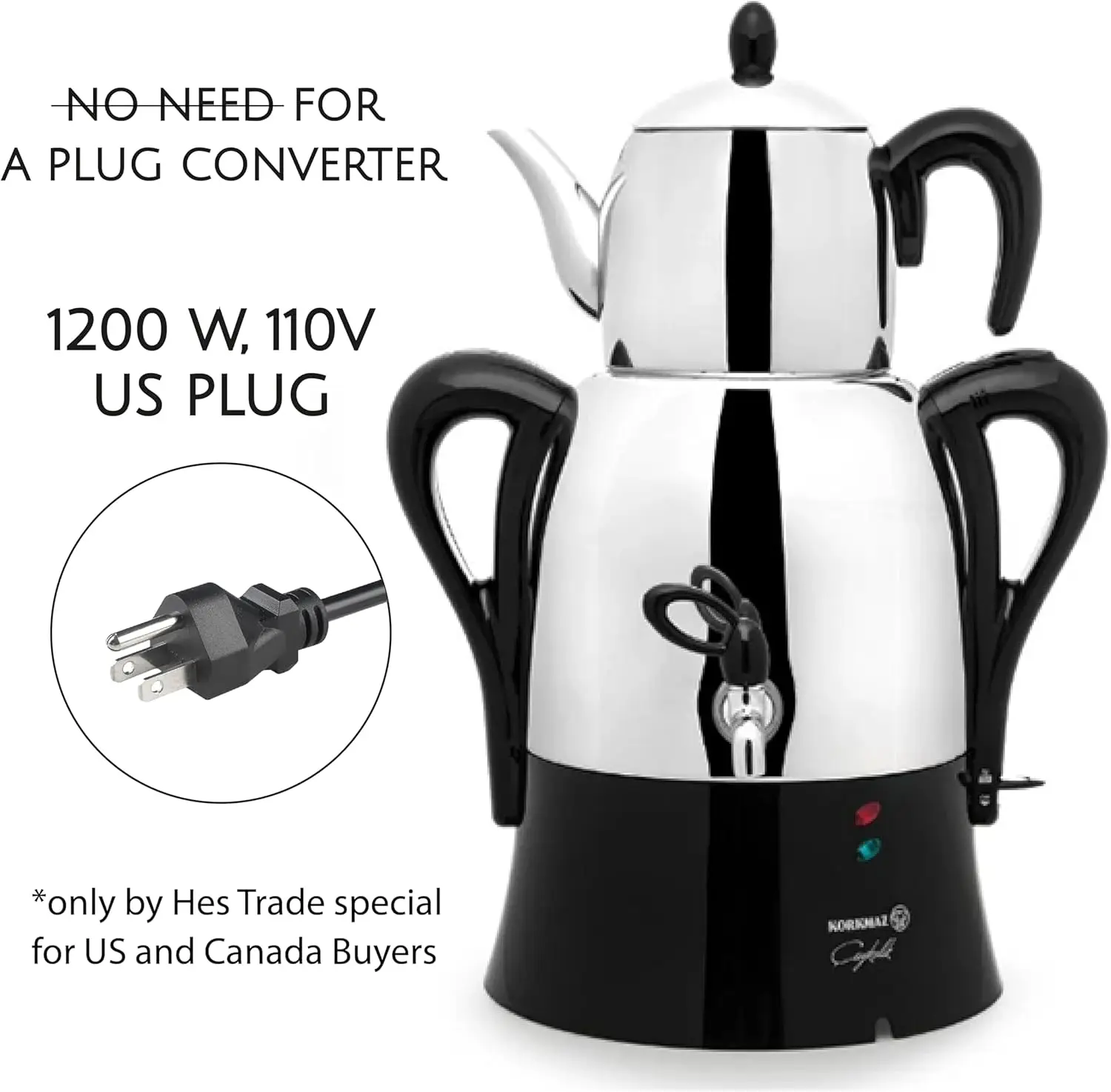 Tetera turca Samovar eléctrico de acero inoxidable, ollas dobles Semaver |   37,1 + 101,4 oz |   Alta capacidad, fácil de usar para F