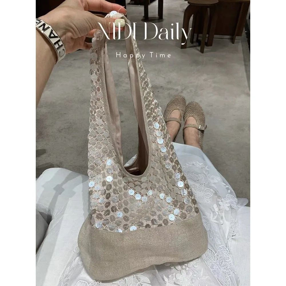 Bolso de Hombro Individual con Lentejuelas de Nácar de Sichuan Dorado y Diseño de Concha Rota para Mujer, Novedad de Verano 2026, Bolso Tote Versátil para Vacaciones Elegantes