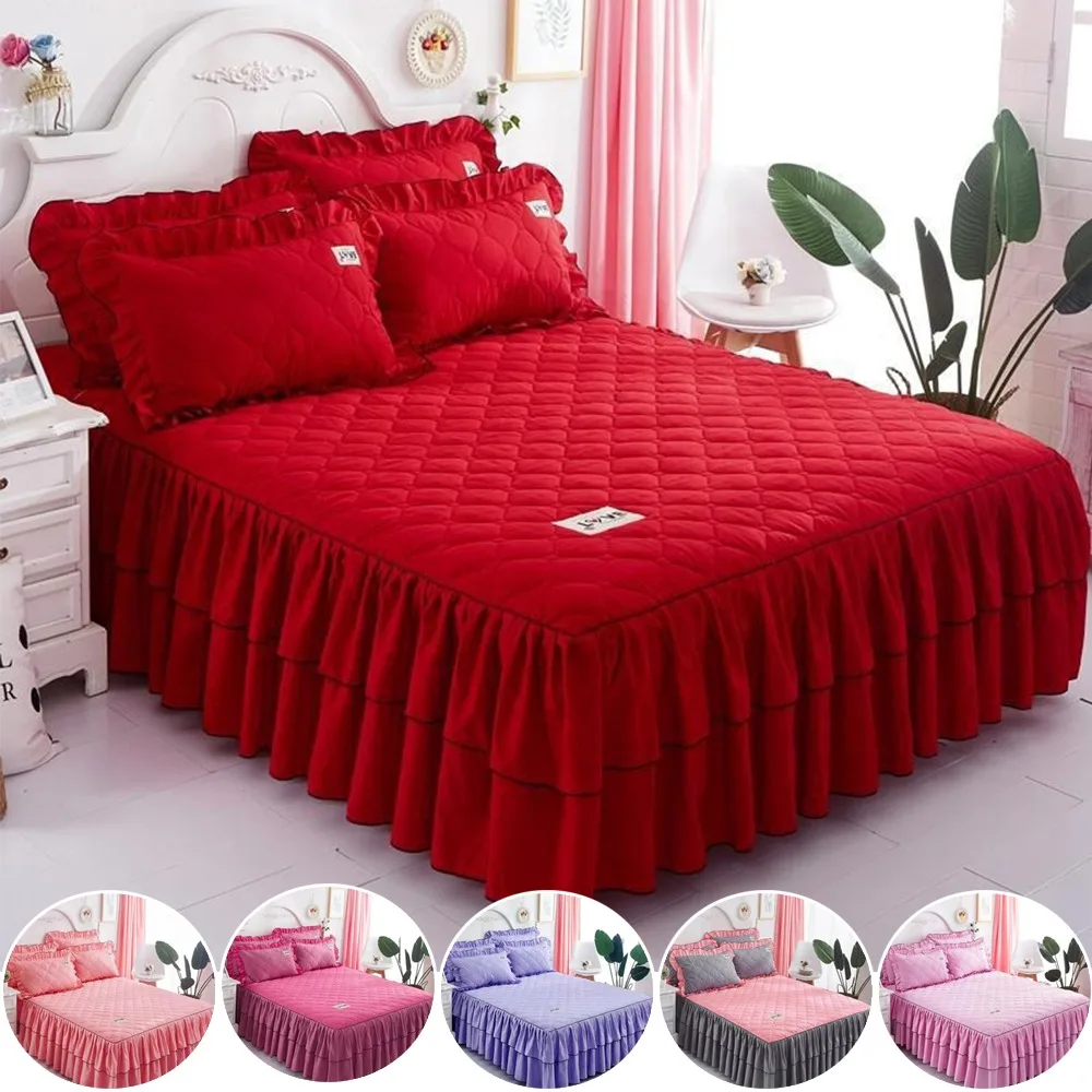 3pcs Thickened Cotton Bedspread Bed Skirt Lace Bed Apron Solid Colour with Pillowcase Faldón De Cama De 3 Piezas En Color Liso