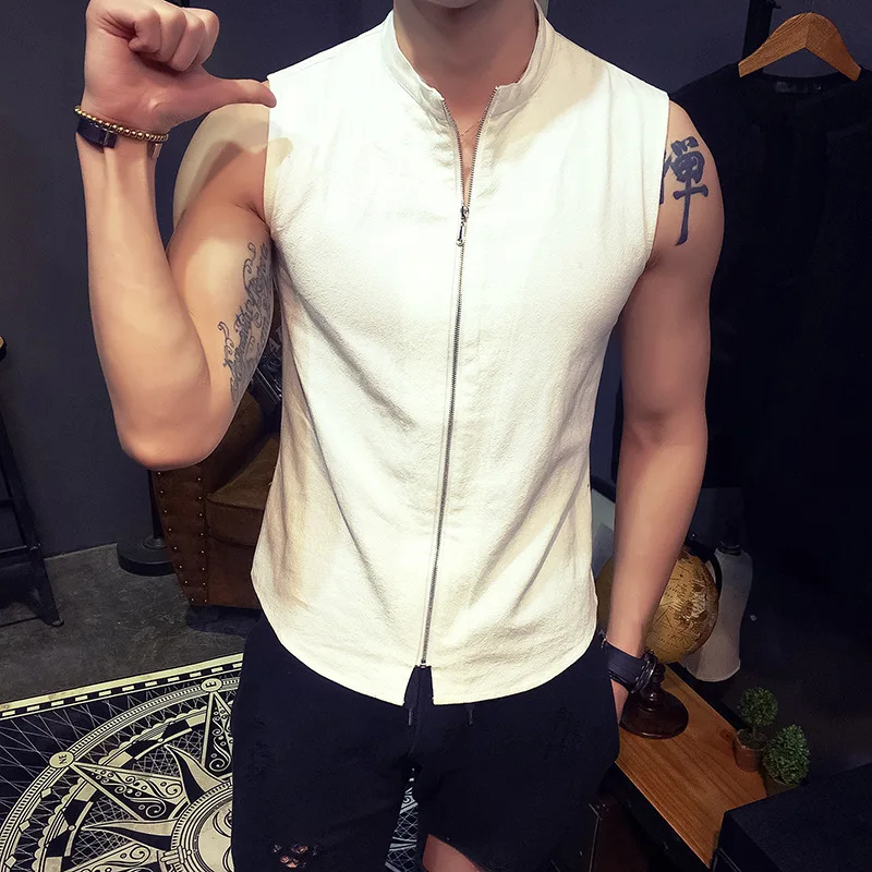 Europe Vest Men's Sleeveless and The United States Cotton Linen Vest Men Stand Collar Zipper Style Summer Thin Breathable St