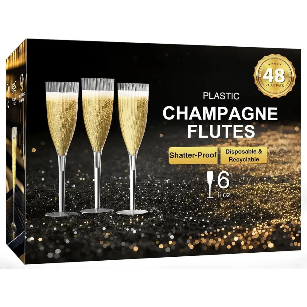 

48 Pack Clear Champagne Lutes, 6oz Disposable Wine Glasses with Long Stem, Reusable Plastic Cocktail Glasses for Party, Wedding,