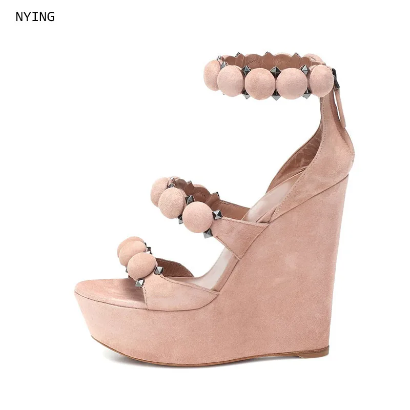 Sandalias de Plataforma con Cuña de Gamuza Rosa Pálido para Mujer, con Correa en el Tobillo, Cierre Trasero, Punta Abierta, Tacones de Cuña Súper Altos para Fiesta o Boda, Talla 46