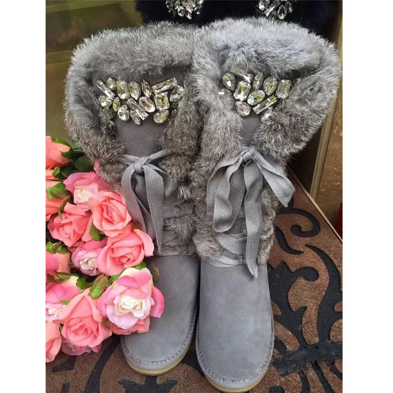 Glitter Rhinestone Rabbit Fur Ribbons Lace- Up Knee Snow Boots Fluffy Boots Black Grey Suede Round Toe Warm Long Winter Boots