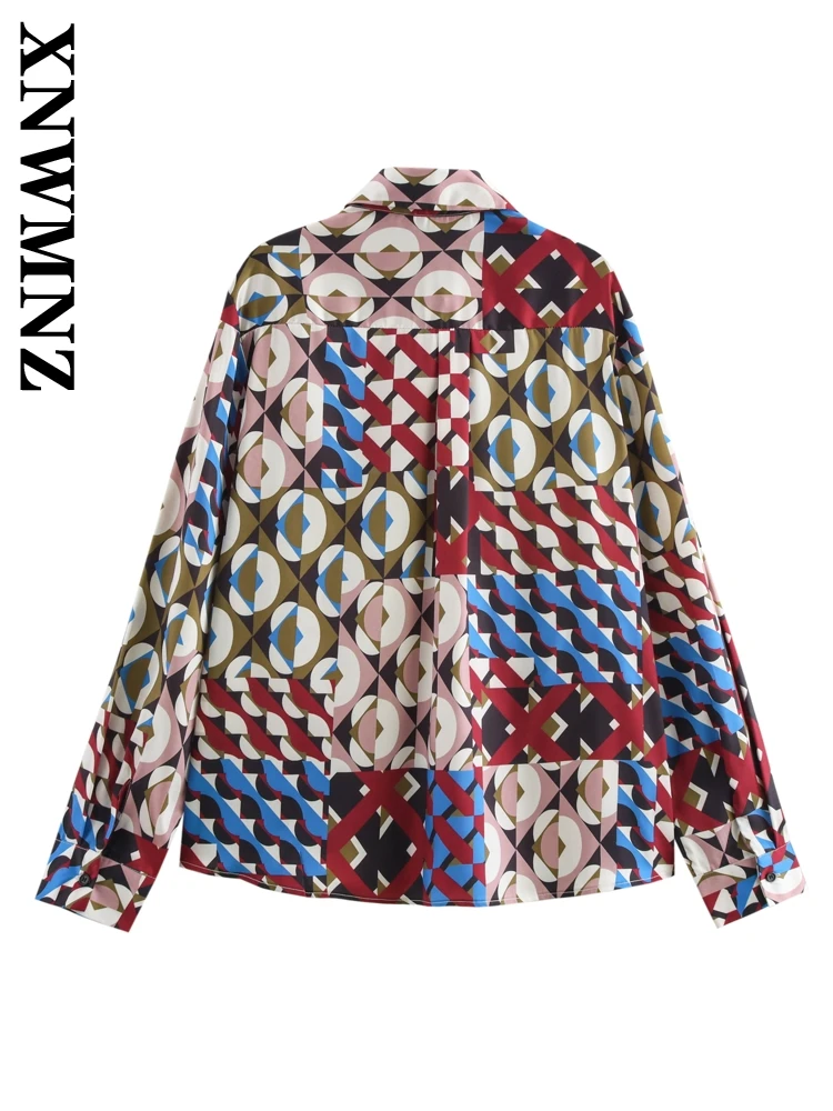 XNWMNZ 2024 Autumn Lady Chic Turn-down Collar Satin Coat Outerwear Casual Female Long Sleeve Shirt Ruffles Loose Fit Top Print