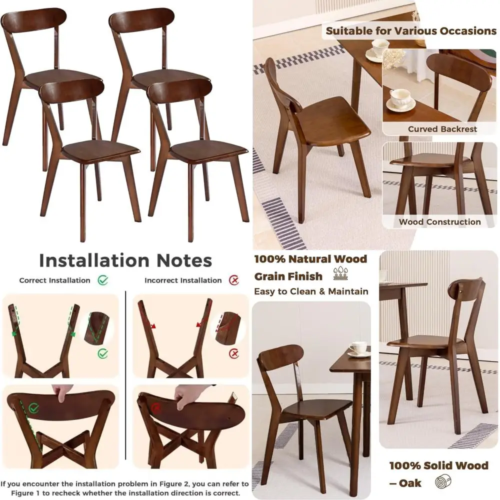 مجموعة من 4 كراسي لتناول الطعام من خشب البلوط الصلب، لمسة نهائية من خشب الجوز، وأثاث المطبخ وغرفة الطعام
