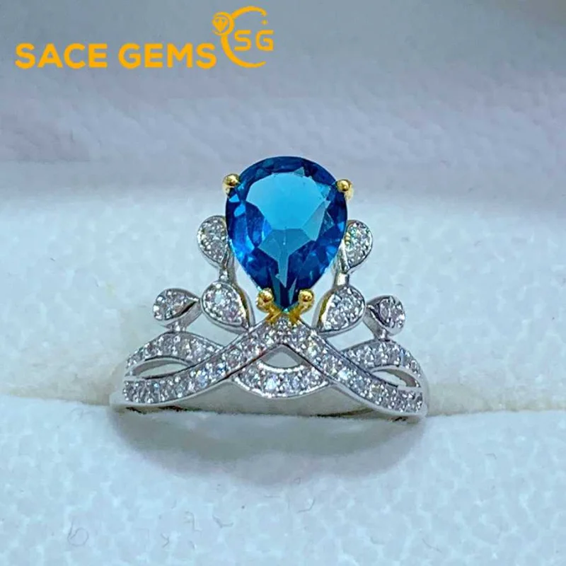 

SACE GEMS New Luxury Trendy 925 Sterling Silver 7*9MM London Blue Topaz Rings for Women Engagement Cocktail Party Fine Jewelry