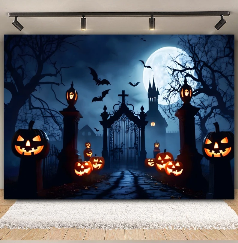 

Halloween Night Beach Backdrop Pumpkin Full Moon Pumpkin Coconut Sea House Palm Tree Halloween Baby Photography Background Decor