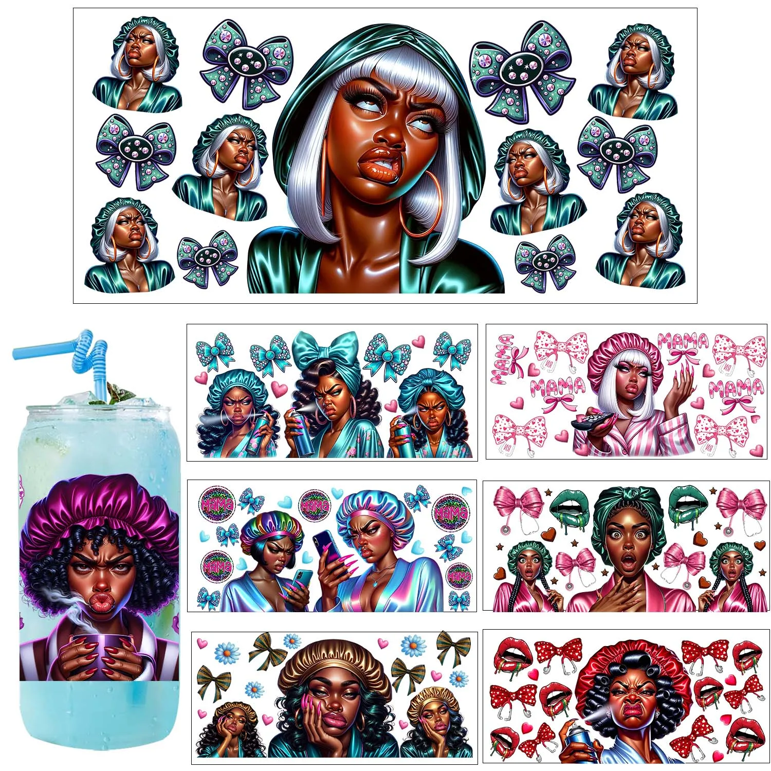 1/5pcs bundle Funny black women Style UV DTF Transfer Sticker DIY Decals 3D transfers uvdtf stickers 16oz uv dtf cup wraps