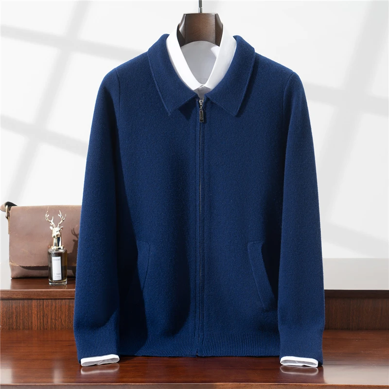 100% Pure Wool Zipper Cardigan Men's Turn-Down Collar Knitted Jacket with Pockets Loose Thickened Warm Sweater Jacket