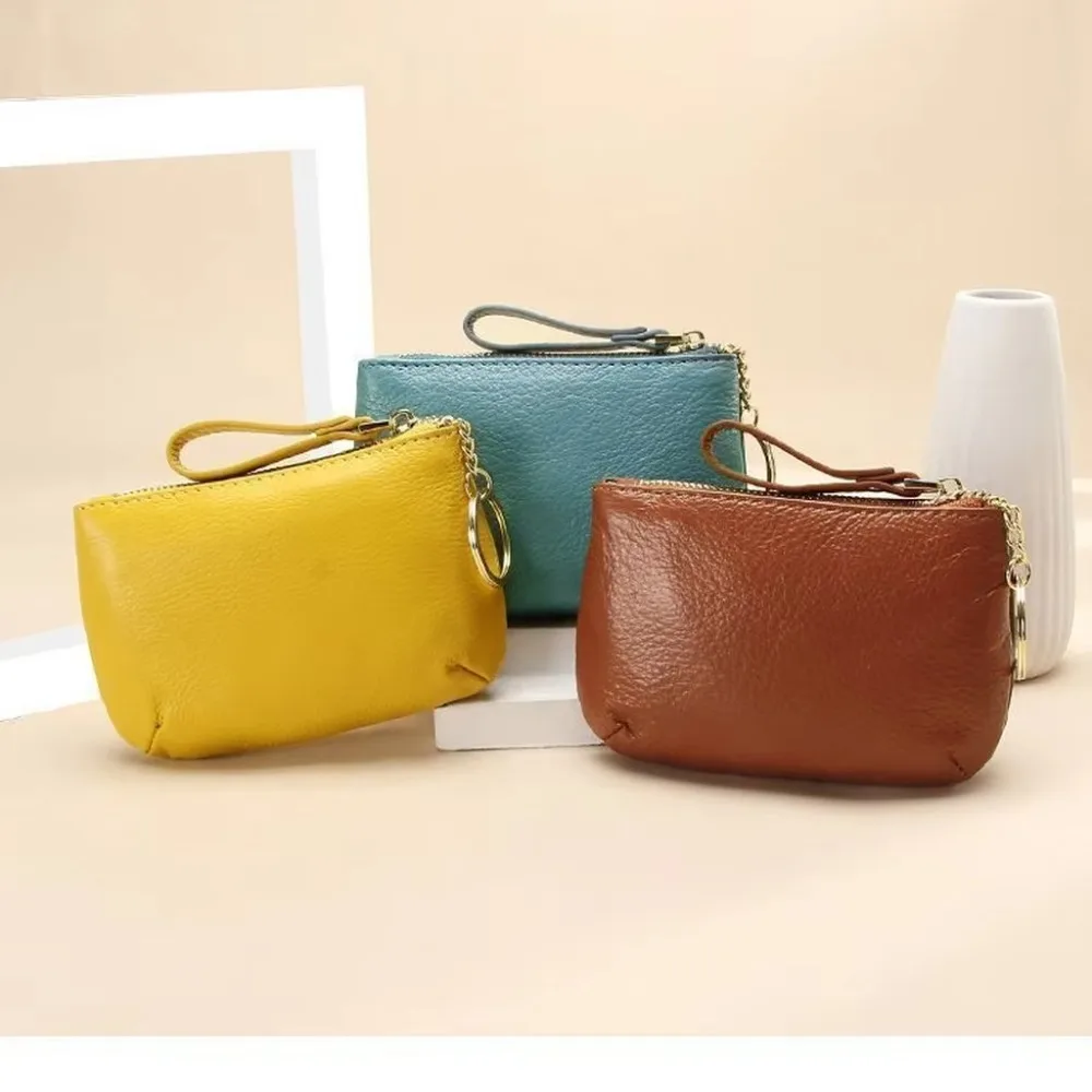 Fashion Soft Leather Mini Coin Purse Solid Color Waterproof Ultra Thin Wallet With Keychain Slim Zipper Change Pouch Women