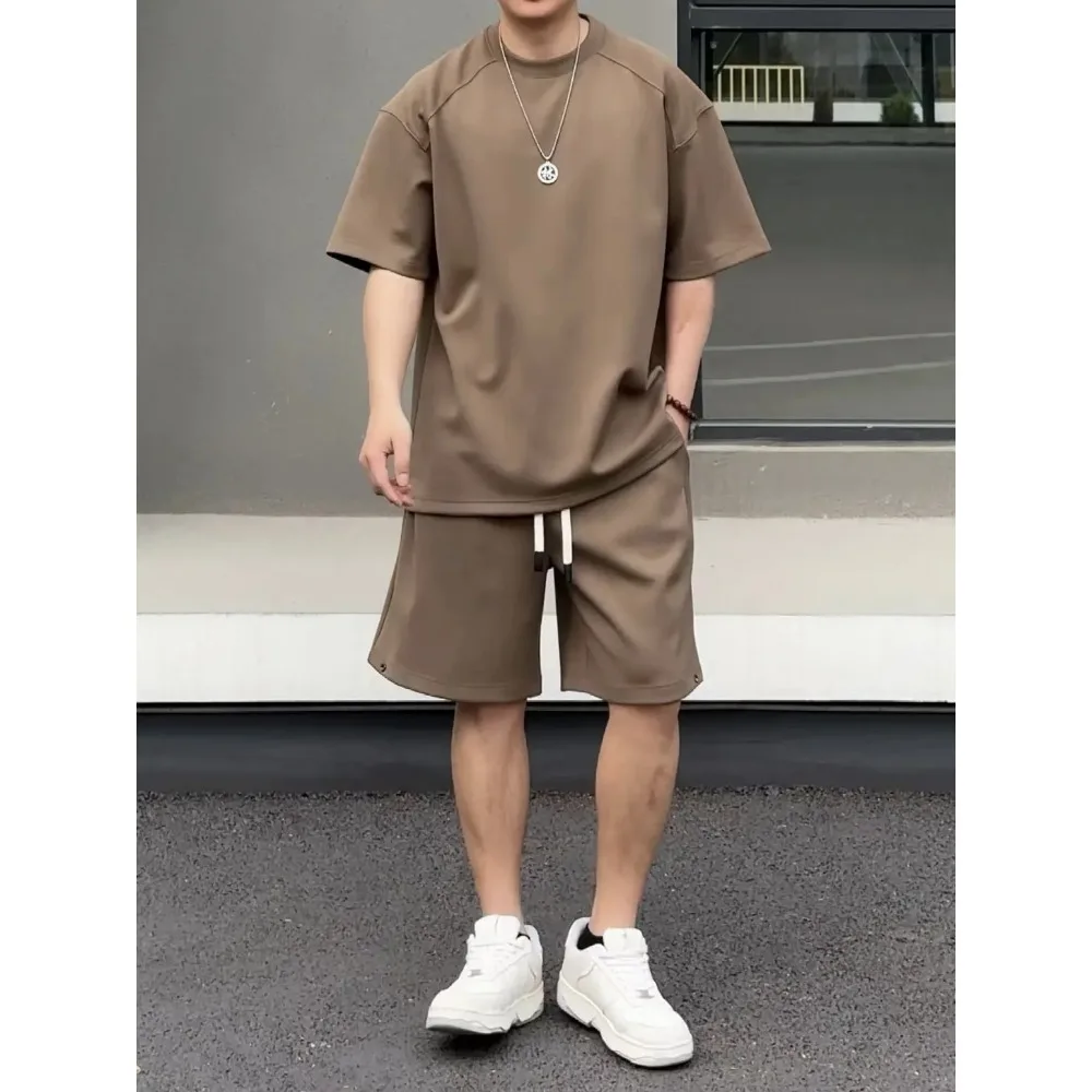 

2025 Summer New Solid Color Leisure Sports Set Trendy Simple and Loose Couple Short Sleeve Shorts Two Piece Set