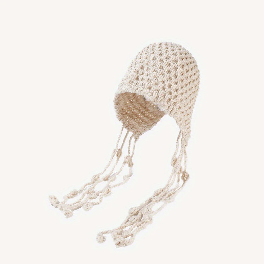 Hand Woven Fashion Knitted Hat Round Tassel Ear Protection Straps Hooded Hat Simple and Versatile Brimless Hat Warm Headless Cap