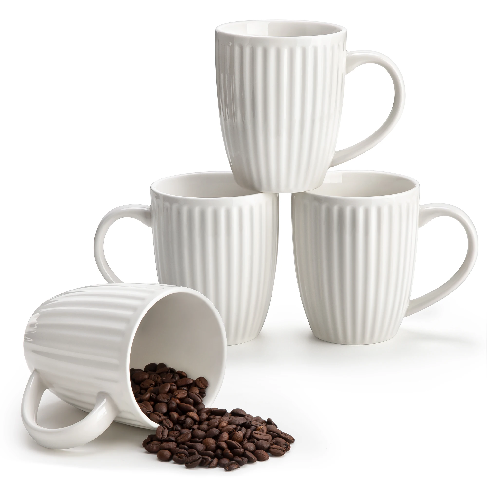 MALACASA LEILA 4-teiliges Kaffeetassen-Set mit Henkel Klassisches Oberflächen-Wellendesign Weiß 2 Größen Verfügbar Spülmaschinenfest