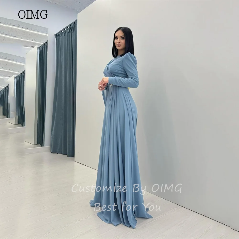 OIMG Elegant Blue A-line Prom Gowns Long Sleeve Formal Party Gown Chiffon Floor Length Evening Dress vestidos de fiesta
