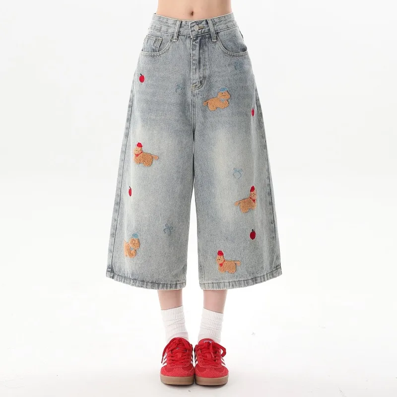 Y2K Retro Dachshund Dog Embroidery Cropped Jeans Women Men High Waist Wide Leg Culotte Denim Capri Pants Loose Trousers Street